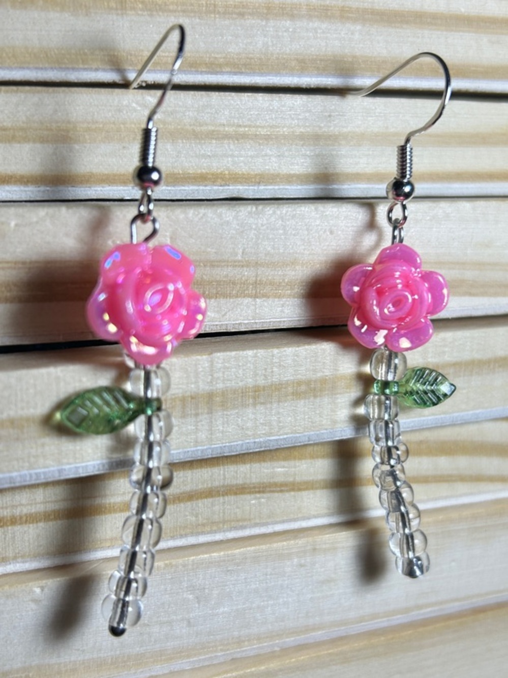 3/$25 Pink Rose Dangle Earrings with Green Leaf Accent